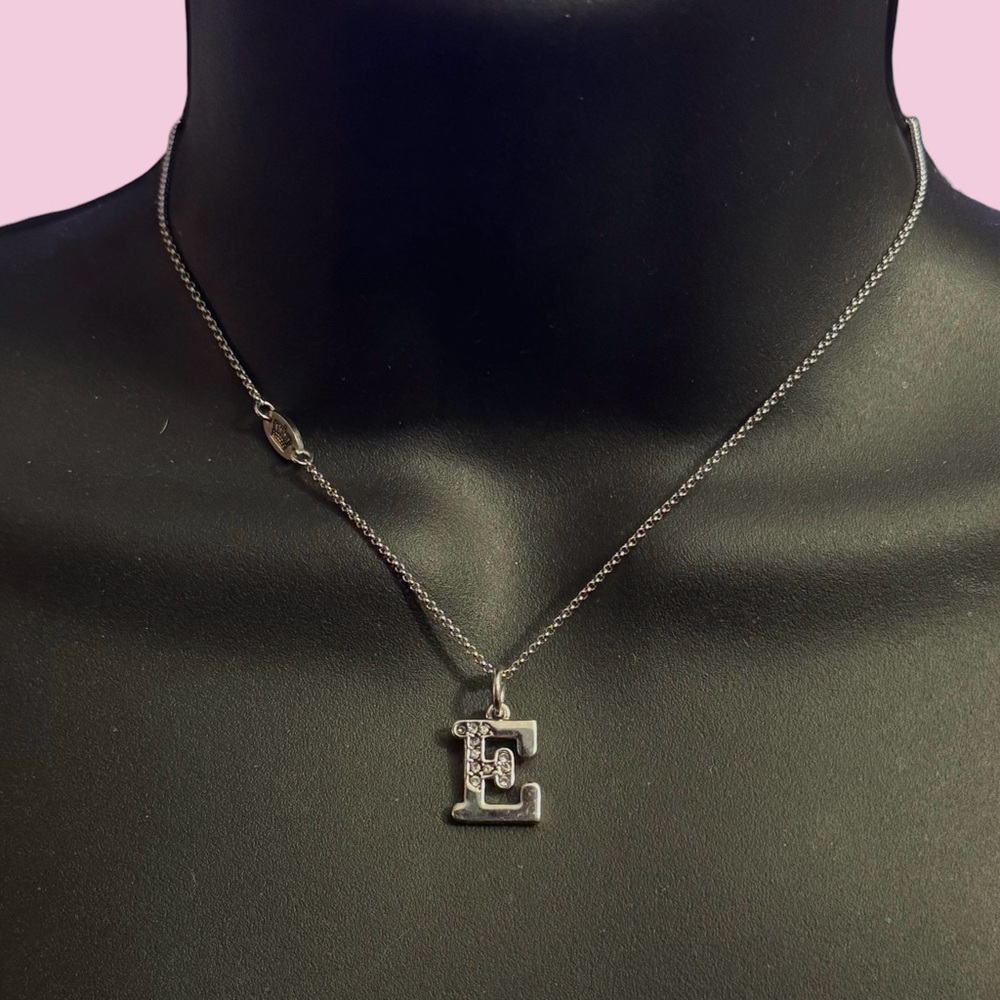 Juicy Couture silver tone initial letter E pendant necklace